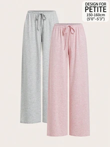 SHEIN PETITE Women's Solid Color Drawstring Waist Straight Leg Loose Casual Long Pants Lounge Gray Light Pink,Two-Piece Set,Women Wide Leg Pants,Petite - Multicolor - View 10