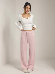 SHEIN PETITE Women's Solid Color Drawstring Waist Straight Leg Loose Casual Long Pants Lounge Gray Light Pink,Two-Piece Set,Women Wide Leg Pants,Petite - Multicolor - View 7