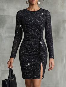 SHEIN Women's Autumn/Winter Dress: A Shimmering Black Style Featuring Ruffles-Perfect For Parties, Dinner Events, Social Gatherings, And Formal Occasions. - Black - View 4
