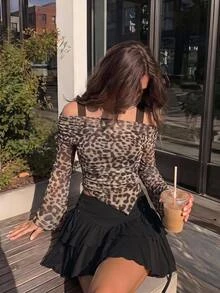 SHEIN MOD Women's Grey Leopard Print Ruched Fitted Versatile Everyday Long Sleeve T-Shirt Club Night Out Autumn Sexy - Multicolor - View 1