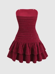 SHEIN 青少年女孩新款酒紅色亮片閃亮布料優雅通勤日常穿著蛋糕裙襬抹胸收腰修身迷你洋裝，適合派對與假期 - 酒紅色 - 查看 4