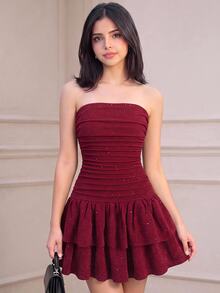 SHEIN 青少年女孩新款酒紅色亮片閃亮布料優雅通勤日常穿著蛋糕裙襬抹胸收腰修身迷你洋裝，適合派對與假期 - 酒紅色 - 查看 2
