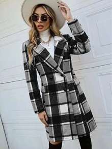 SHEIN Women's Plaid Casual Versatile Daily Wear Overcoat - Black and White - View 5