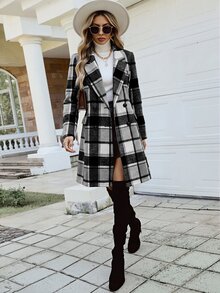SHEIN Women's Plaid Casual Versatile Daily Wear Overcoat - Black and White - View 6