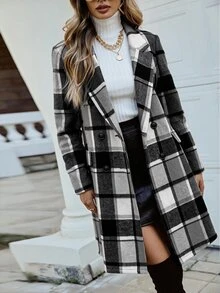 SHEIN Women's Plaid Casual Versatile Daily Wear Overcoat - Black and White - View 4