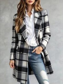 SHEIN Women's Plaid Casual Versatile Daily Wear Overcoat - Black and White - View 8
