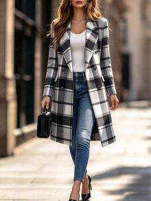 SHEIN Women's Plaid Casual Versatile Daily Wear Overcoat - Black and White - View 1