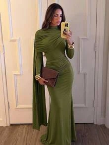 Aloruh Women's Autumn/Winter Ruched Cowl Neck Slim Fit Mermaid Dress - Army Green - View 1