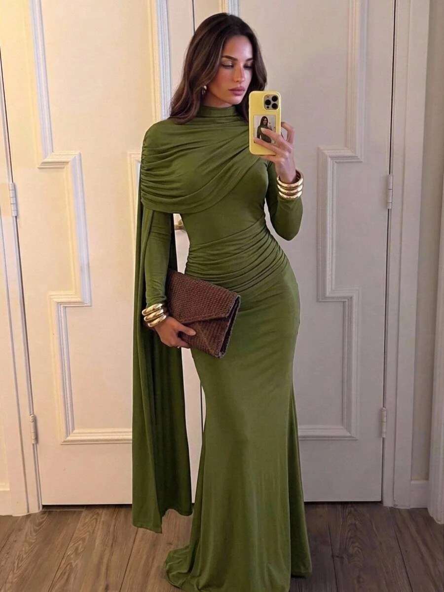 Aloruh Women's Autumn/Winter Ruched Cowl Neck Slim Fit Mermaid Dress - Army Green - View 1