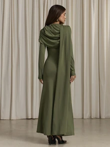 Aloruh Women's Autumn/Winter Ruched Cowl Neck Slim Fit Mermaid Dress - Army Green - View 2