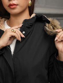 SHEIN Clasi Plus Size Women's Solid Color Thermal Lined Fashion Long Hooded Trench Coat - Black - View 7