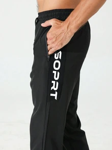 Coreblaze Boyfriend Style Men's Casual Front Tie Pocket Letter Print Minimalist Sports Pants Sweat Pants - Black - View 4