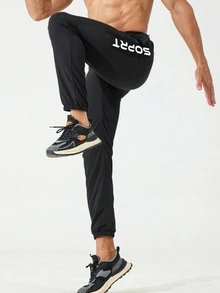 Coreblaze Boyfriend Style Men's Casual Front Tie Pocket Letter Print Minimalist Sports Pants Sweat Pants - Black - View 5