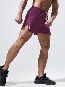Coreblaze Men's Elastic Waist Drawstring Split Hem Casual Sports Shorts, Summer Shorts Running Shorts, Gym - Red Violet - View 3