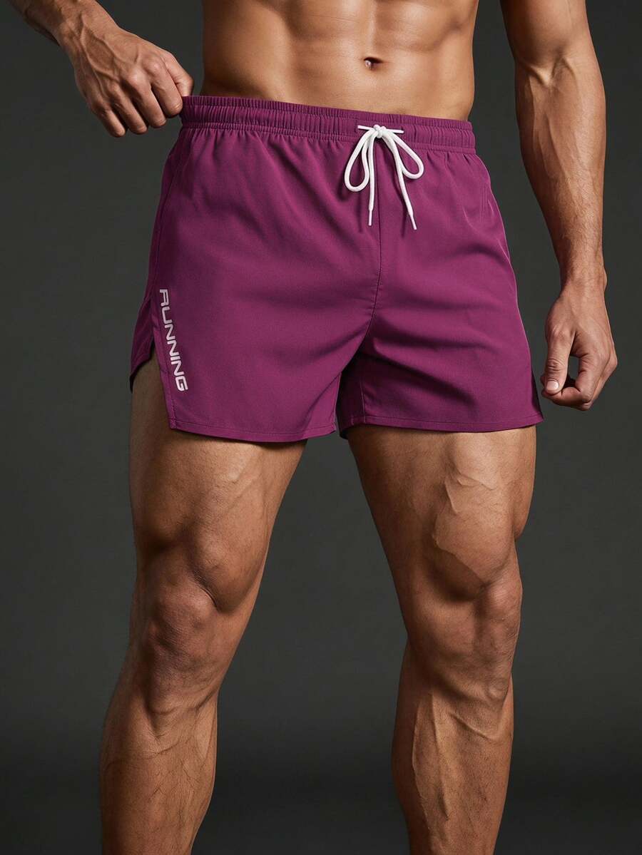 Coreblaze Men's Elastic Waist Drawstring Split Hem Casual Sports Shorts, Summer Shorts Running Shorts, Gym - Red Violet - View 1