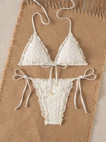 SHEIN Swim Women's Summer New Beach Swim Fashion Holiday Sweet Cute Lace Floral Textured Fabric Cute Ruffle Sexy Backless Triangle Tie Bikini Swimwear 2pcs Set Suitable For Beach Swimming And Beach Vacation - White - View 3