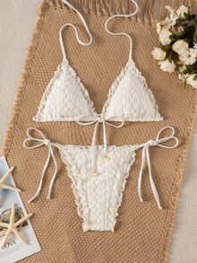 SHEIN Swim Women's Summer New Beach Swim Fashion Holiday Sweet Cute Lace Floral Textured Fabric Cute Ruffle Sexy Backless Triangle Tie Bikini Swimwear 2pcs Set Suitable For Beach Swimming And Beach Vacation - White - View 5