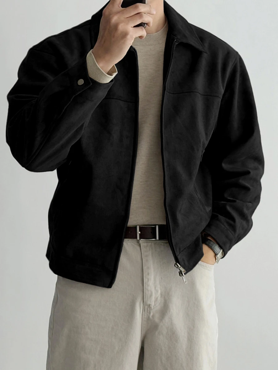 DAZY Men's Solid Black Suede Fleece Jacket And Coat, Autumn, Grunge - Black - View 1