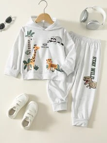 SHEIN 小男孩秋季新款休閒簡約寬鬆動物圖案可愛風運動風寬鬆運動休閒簡約寬鬆長袖連帽衛衣2件套，適合秋冬 - 彩色 - 查看 1