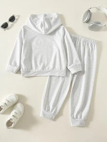 SHEIN 小男孩秋季新款休閒簡約寬鬆動物圖案可愛風運動風寬鬆運動休閒簡約寬鬆長袖連帽衛衣2件套，適合秋冬 - 彩色 - 查看 2