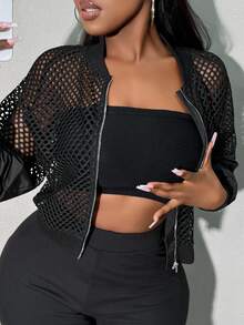 SHEIN SXY Mesh Contrast Short Jacket With Sheer Sleeves In Fall/Winter - Black - View 7