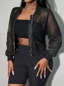 SHEIN SXY Mesh Contrast Short Jacket With Sheer Sleeves In Fall/Winter - Black - View 5