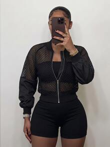 SHEIN SXY Mesh Contrast Short Jacket With Sheer Sleeves In Fall/Winter - Black - View 2