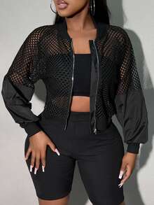 SHEIN SXY Mesh Contrast Short Jacket With Sheer Sleeves In Fall/Winter - Black - View 6
