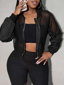 SHEIN SXY Mesh Contrast Short Jacket With Sheer Sleeves In Fall/Winter - Black - View 9