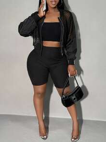 SHEIN SXY Mesh Contrast Short Jacket With Sheer Sleeves In Fall/Winter - Black - View 4