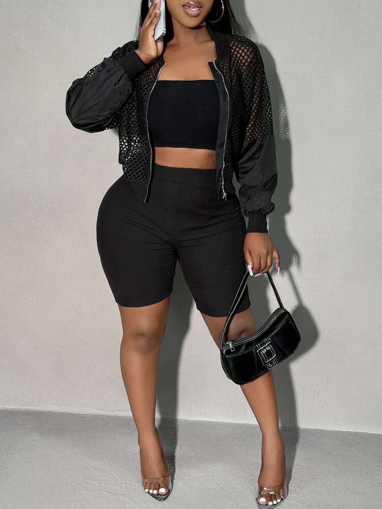 SHEIN SXY Mesh Contrast Short Jacket With Sheer Sleeves In Fall/Winter - Black - View 3