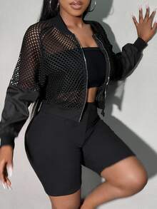 SHEIN SXY Mesh Contrast Short Jacket With Sheer Sleeves In Fall/Winter - Black - View 8