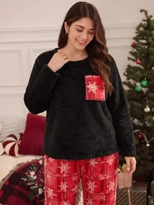 Doze Lane Plus Size Christmas Holiday Atmosphere Comfortable Plush Pajama Set, Fashionable Snowflake Plaid Colorblock Pocket Crew Neck Loungewear - Black - View 3