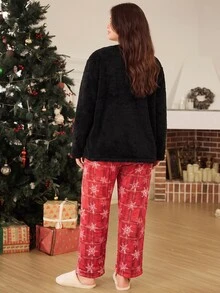 Doze Lane Plus Size Christmas Holiday Atmosphere Comfortable Plush Pajama Set, Fashionable Snowflake Plaid Colorblock Pocket Crew Neck Loungewear - Black - View 4