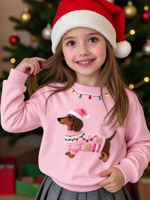 (1 Buah) Kaos Sweatshirt Leher Bulat Motif Anak Perempuan Natal Musim Gugur/Musim Dingin Kasual Segar Lucu Kartun Anak Anjing Kepingan Salju Garis Lampu - Berwarna merah muda - View 1