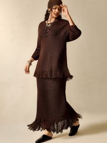 Nubod Plus Size Dark Brown Round Neck Tassel Sweater Skirt 2pcs Set Fall Party Formal Elegant Boho Winter - Brown - View 10