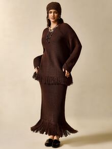 Nubod Plus Size Dark Brown Round Neck Tassel Sweater Skirt 2pcs Set Fall Party Formal Elegant Boho Winter - Brown - View 5