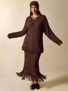 Nubod Plus Size Dark Brown Round Neck Tassel Sweater Skirt 2pcs Set Fall Party Formal Elegant Boho Winter - Brown - View 3