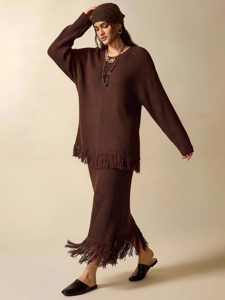 Nubod Plus Size Dark Brown Round Neck Tassel Sweater Skirt 2pcs Set Fall Party Formal Elegant Boho Winter - Brown - View 1