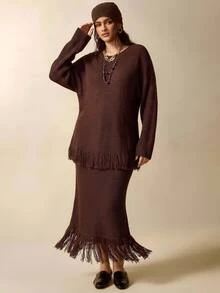 Nubod Plus Size Dark Brown Round Neck Tassel Sweater Skirt 2pcs Set Fall Party Formal Elegant Boho Winter - Brown - View 8