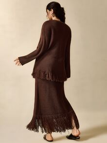 Nubod Plus Size Dark Brown Round Neck Tassel Sweater Skirt 2pcs Set Fall Party Formal Elegant Boho Winter - Brown - View 2
