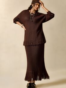 Nubod Plus Size Dark Brown Round Neck Tassel Sweater Skirt 2pcs Set Fall Party Formal Elegant Boho Winter - Brown - View 6
