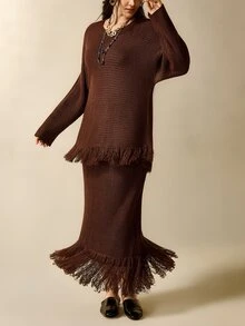 Nubod Plus Size Dark Brown Round Neck Tassel Sweater Skirt 2pcs Set Fall Party Formal Elegant Boho Winter - Brown - View 9