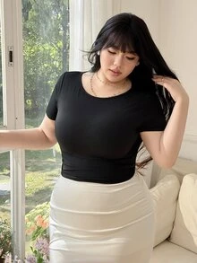 CovetEZ Plus Size Black Ruched Waist Elastic T-Shirt, Flattering Waistline - Black - View 7