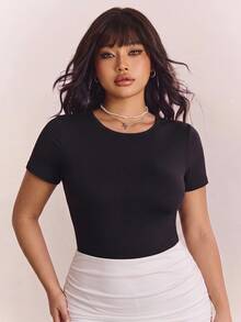 CovetEZ Plus Size Black Ruched Waist Elastic T-Shirt, Flattering Waistline - Black - View 1