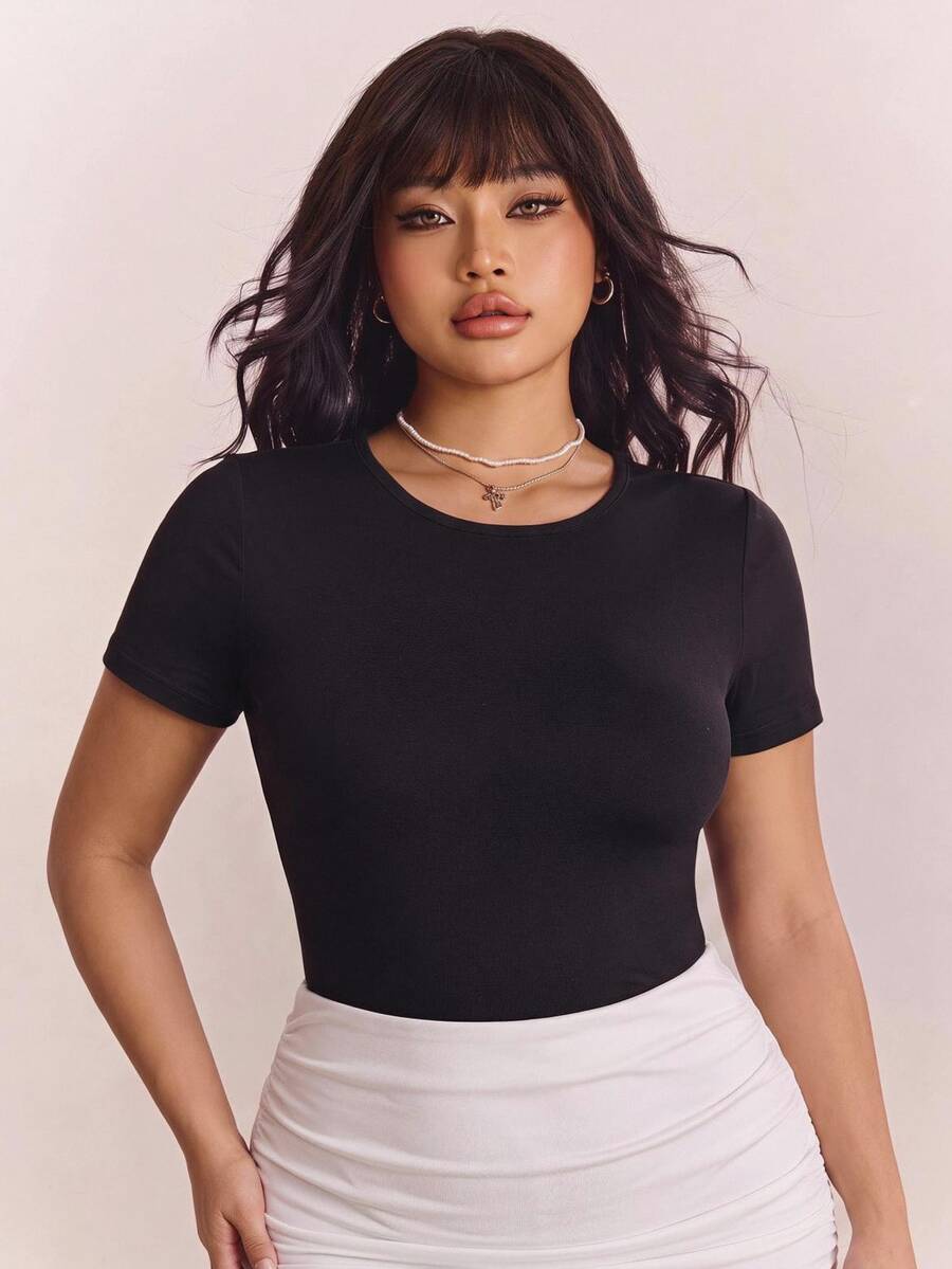 CovetEZ Plus Size Black Ruched Waist Elastic T-Shirt, Flattering Waistline - Black - View 1