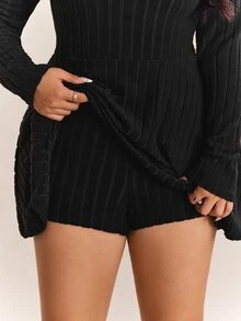 CovetEZ Plus Size Women's Solid Color Square Neck Long Sleeve Knit Romper, For Casual Wear In Autumn Fall - Black - View 9