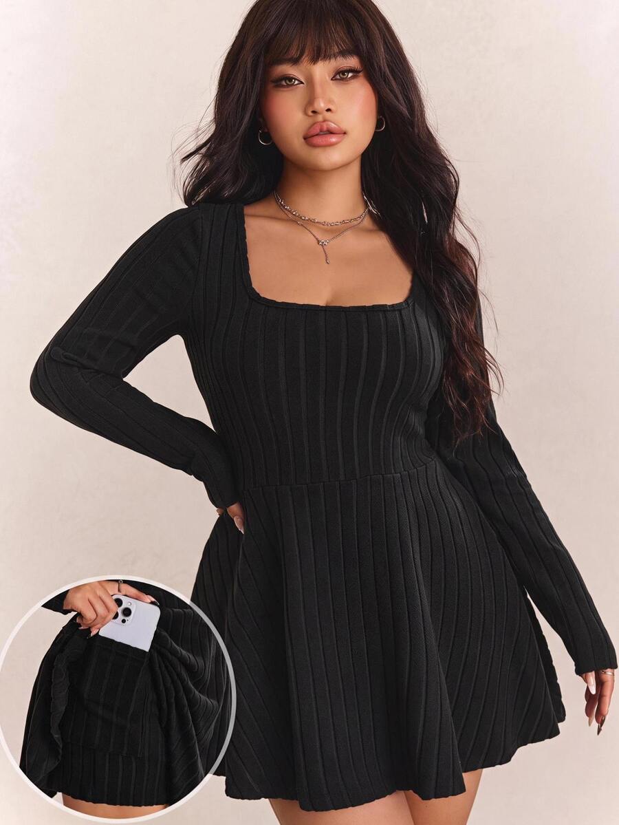 CovetEZ Plus Size Women's Solid Color Square Neck Long Sleeve Knit Romper, For Casual Wear In Autumn Fall