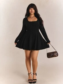 CovetEZ Plus Size Women's Solid Color Square Neck Long Sleeve Knit Romper, For Casual Wear In Autumn Fall - Black - View 6
