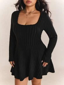 CovetEZ Plus Size Women's Solid Color Square Neck Long Sleeve Knit Romper, For Casual Wear In Autumn Fall - Black - View 4
